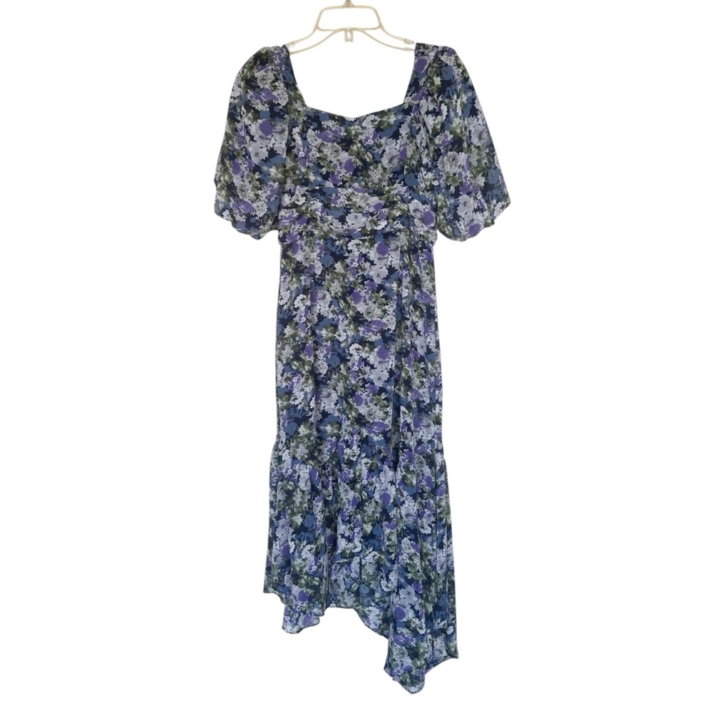 NEW Astr the Label Asymmetrical Floral Midi Dress Puff Sleeve